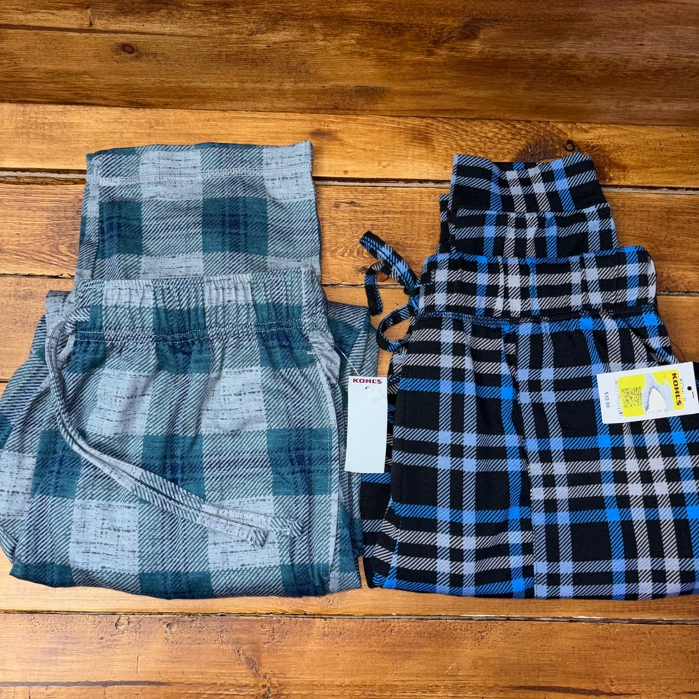 Cuddl Duds Pajama Pants Womens MED Blue Green Plaid Jogger Sleepwear Lot x2 NEW